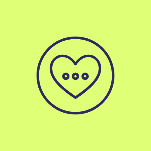 A bright yellow green background with a line illustration of a heart in a circle with three dots in the centre of the heart.