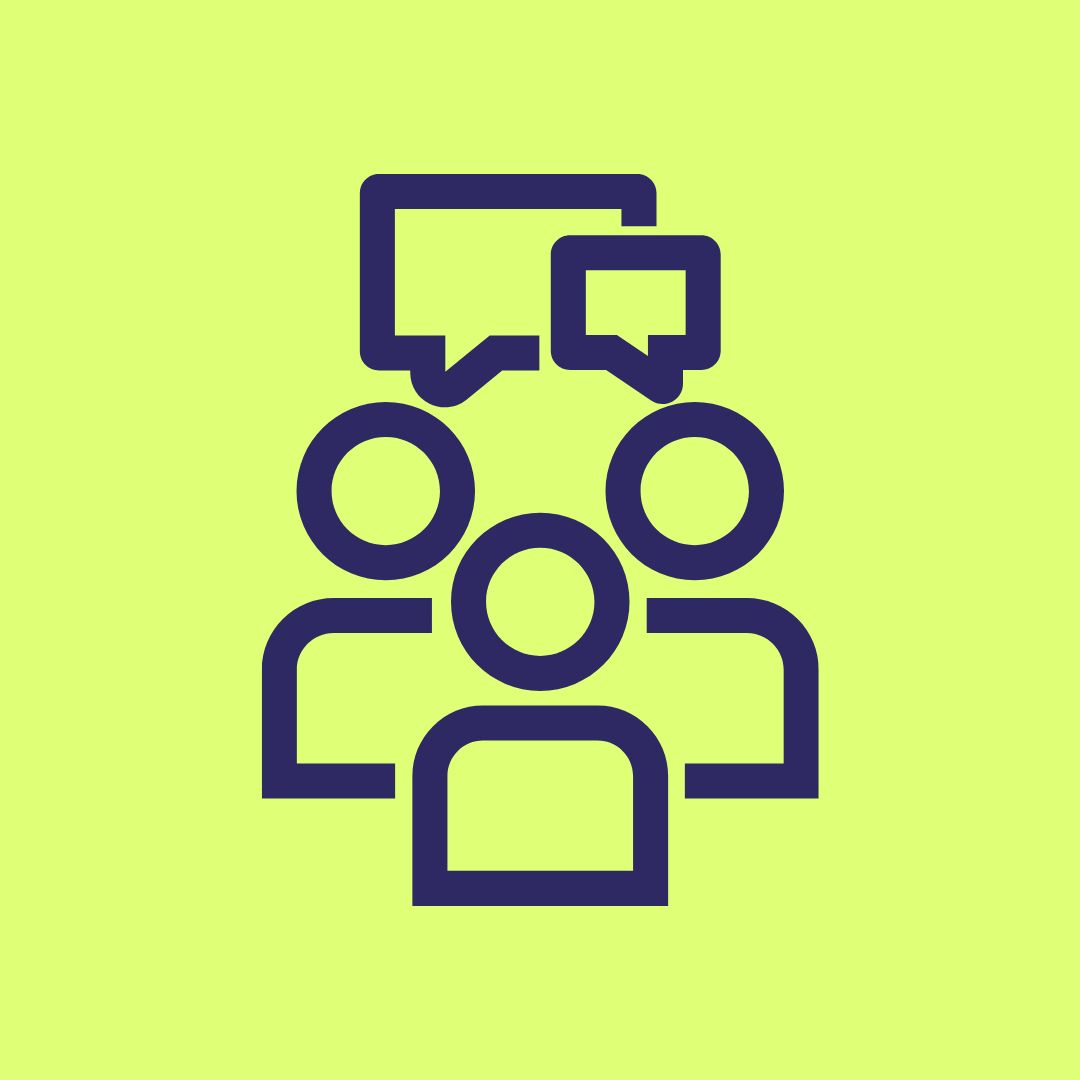 A green yellow background. In the middle is a dark blue line illustration showing people talking.