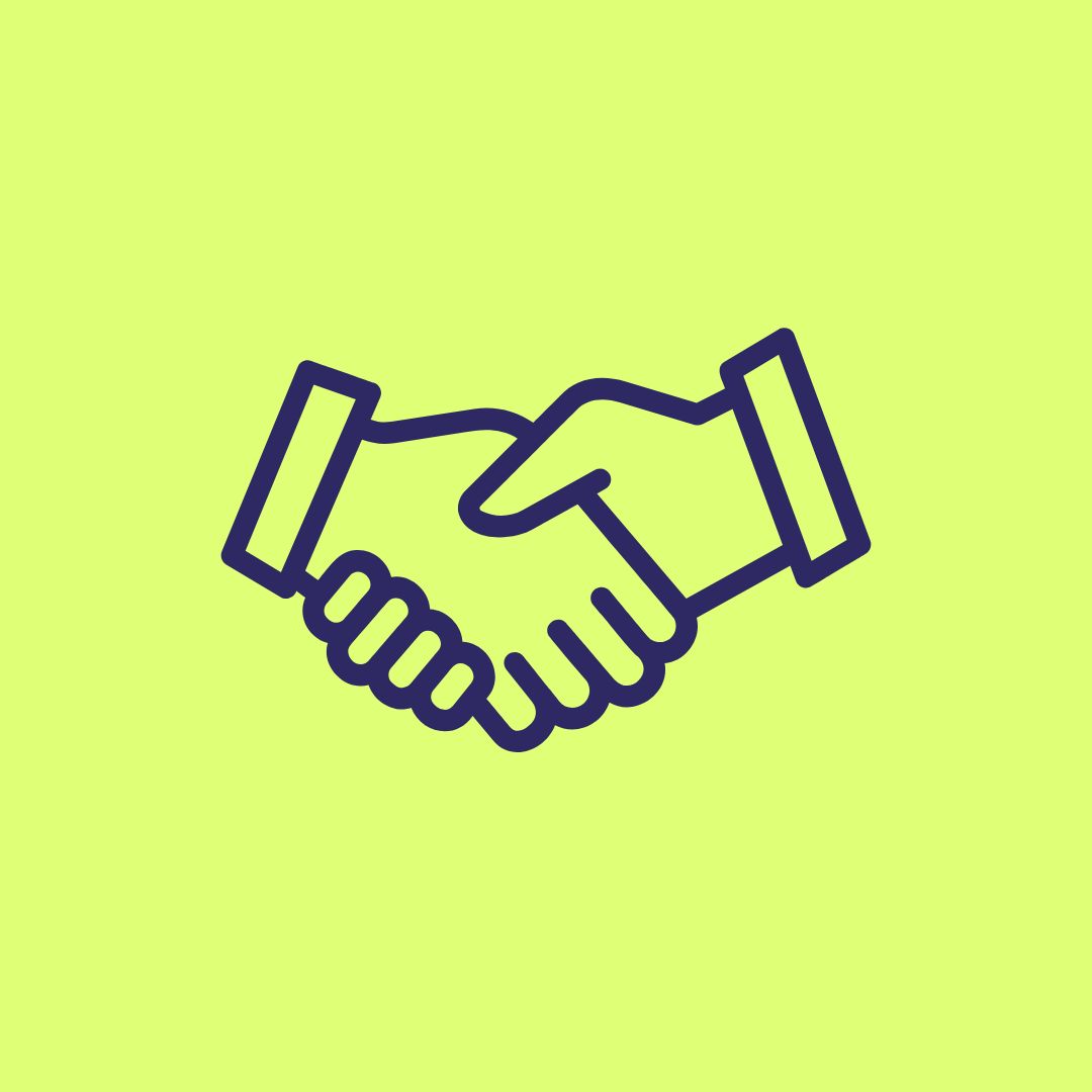 A bright yellow green background. In the middle is a dark blue line illustration of a handshake.