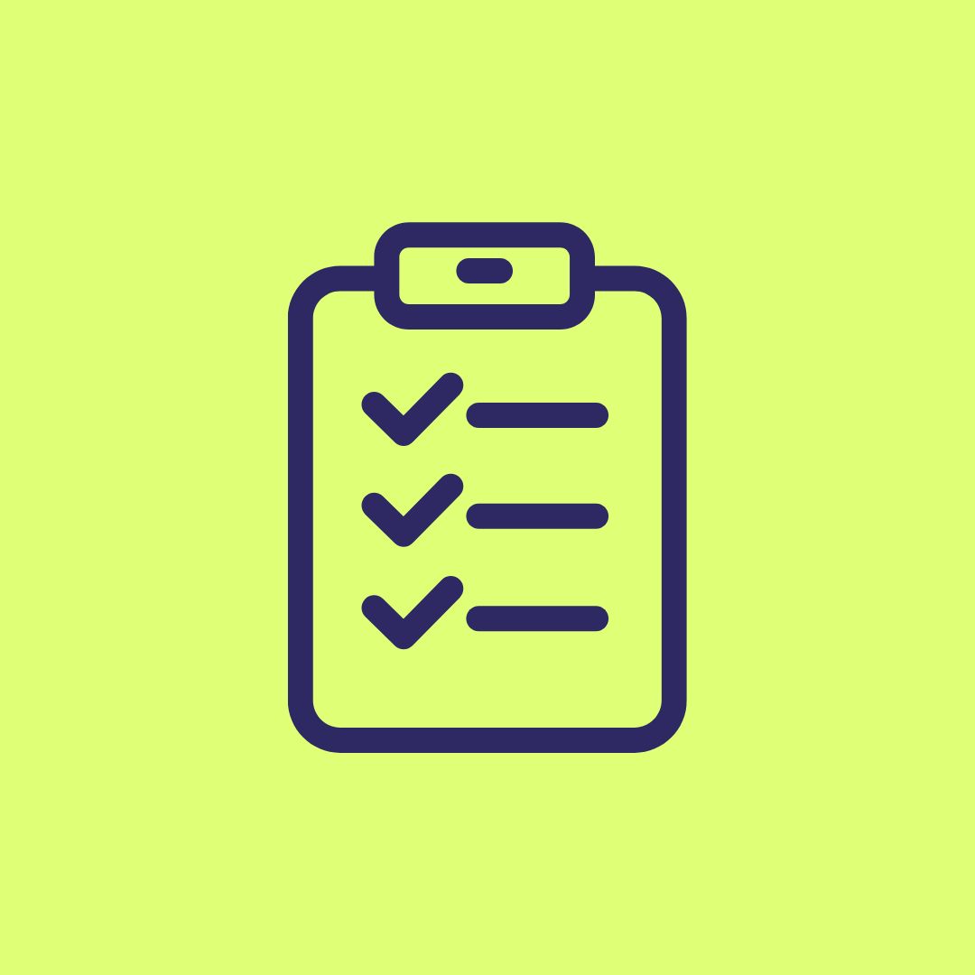 A yellow green background. In the middle is a dark blue line illustration of a checklist.