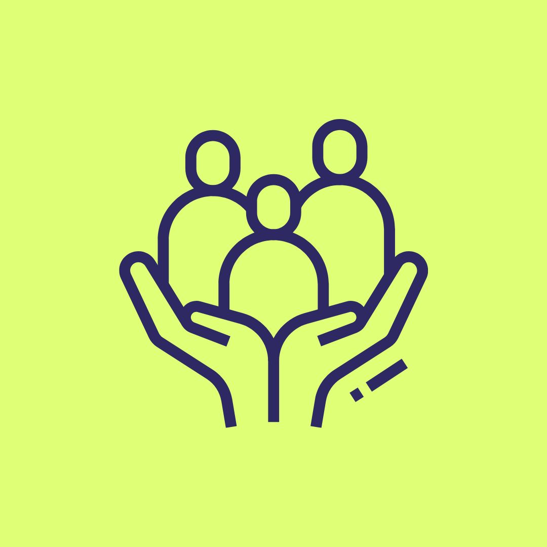 A yellow green background. In the middle is a dark blue illustration of a pair of hands with three figures in the middle, representing community.