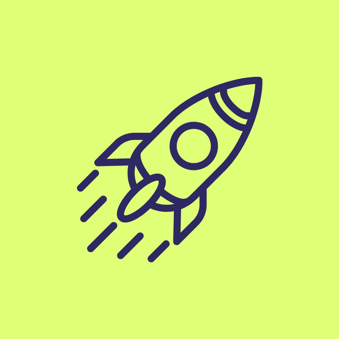 A yellow green background. In the middle is a line illustration of a rocket taking off.